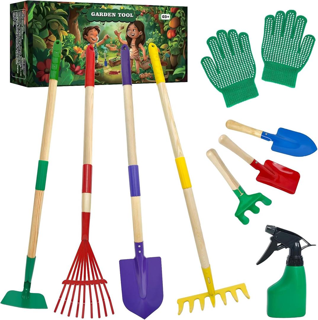 9Pcs Kids Gardening Tools Set - Toys with Shovel, Rake, Hoe and Leaf Rake for Outdoor Backyard Play, STEM Educational Toys, Ideal Christmas Birthday Gifts for Toddler Boys & Girls Ages 3 4 5