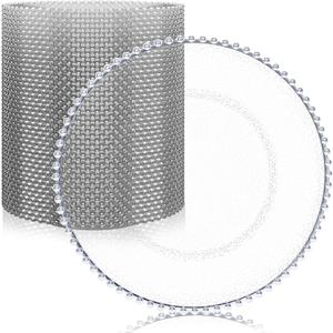 MAONAME 50 PCS Clear Charger Plates Bulk, 13" Plastic Round Beaded Chargers with Silver Rim, Frosted Grain Plate Chargers for Wedding, Party Event, Large