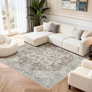 Tortania 8' Square Area Rug Living Room Rugs - Washable Boho Rug Vintage Oriental Distressed Farmhouse Large Thin Indoor Carpet for Bedroom Under Dining Table Home Office - Brown Blue
