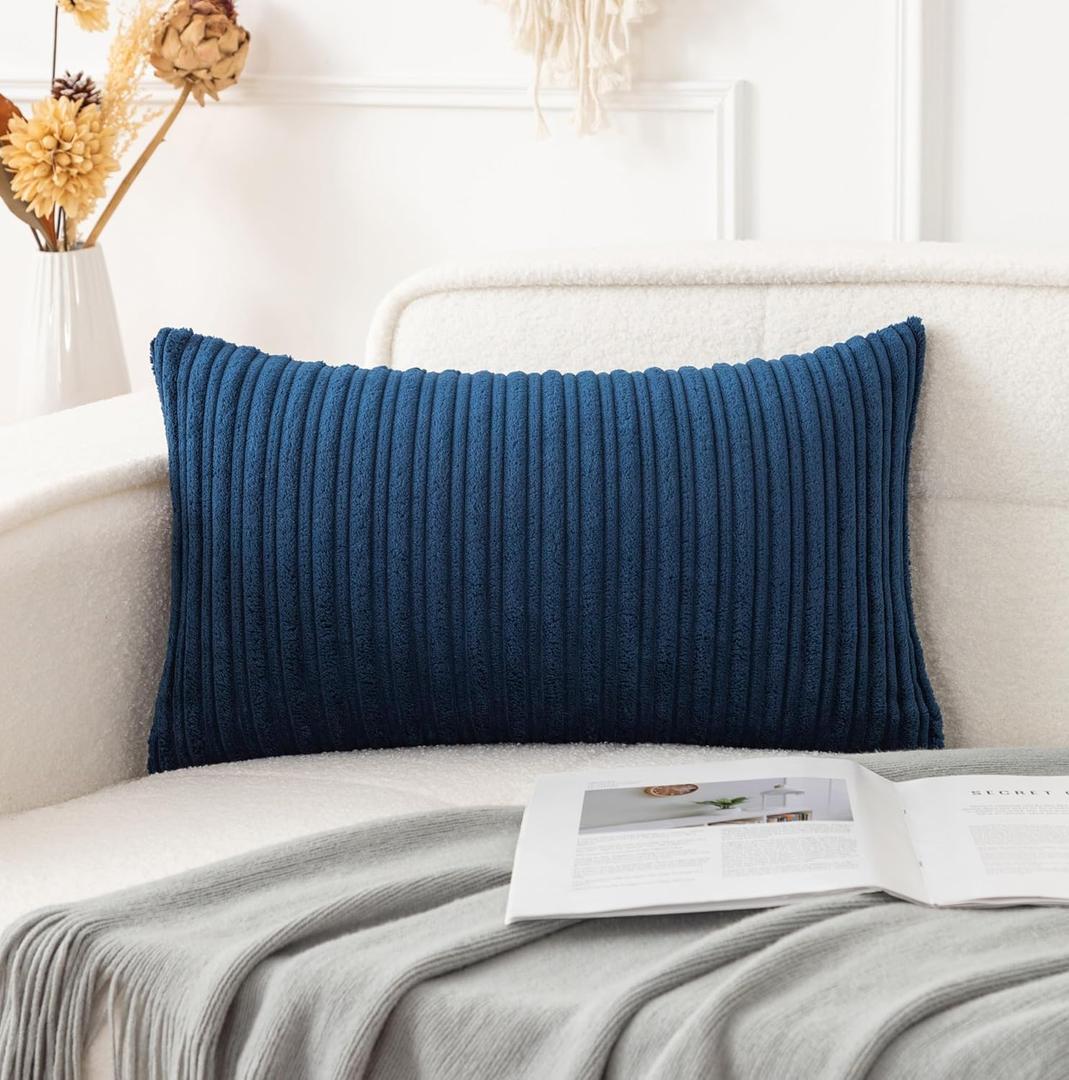 UGASA 14x24 Inch Pillow Cover Pack of 1 Soft Boho Stripe Corduroy Long Rectangle Lumbar Cushion Case Farmhouse Decorative Throw Pillowcase for Bed, Couch, Sofa, Bedroom, Living Room, Navy Blue
