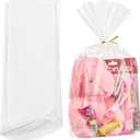 10x14x3.3 Inch Flat Bottom Gusset Treat Bags, 50 Pcs Clear Cellophane Gift Bags with 50 Twist Ties Goodie Bags for Easter Party Favor Cookie, Popcorn, Gift