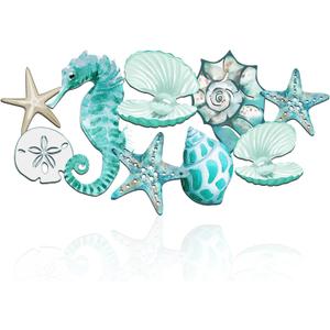Pinkunn Metal Beach Wall Decor Seashell Beach Themed Bathroom Decor Rustic Nautical Ocean Coastal Starfish Seahorse Themed Wall Art for Living Room Bathroom Bedroom,15.8 Inch (Aqua Blue)