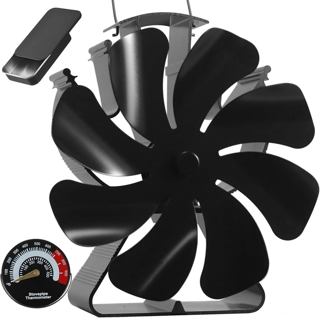VODA Wood Stove Fan Heat Powered Fireplace Fans 8 Blades Non Electric, Heat Activated Thermal Fan for Wood Burning Stove/Log Burner, Stove Accessories Thermometer