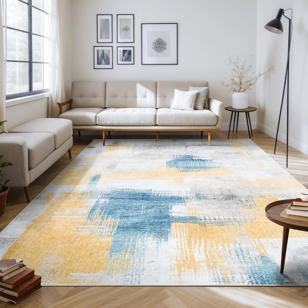 Area Rug 9x12 Soft Non-Slip Modern Abstract Large Carpet for Living Room, Bedroom & Dining Room - Machine Washable, Stain Resistant (Blue Yellow) (9'x12')