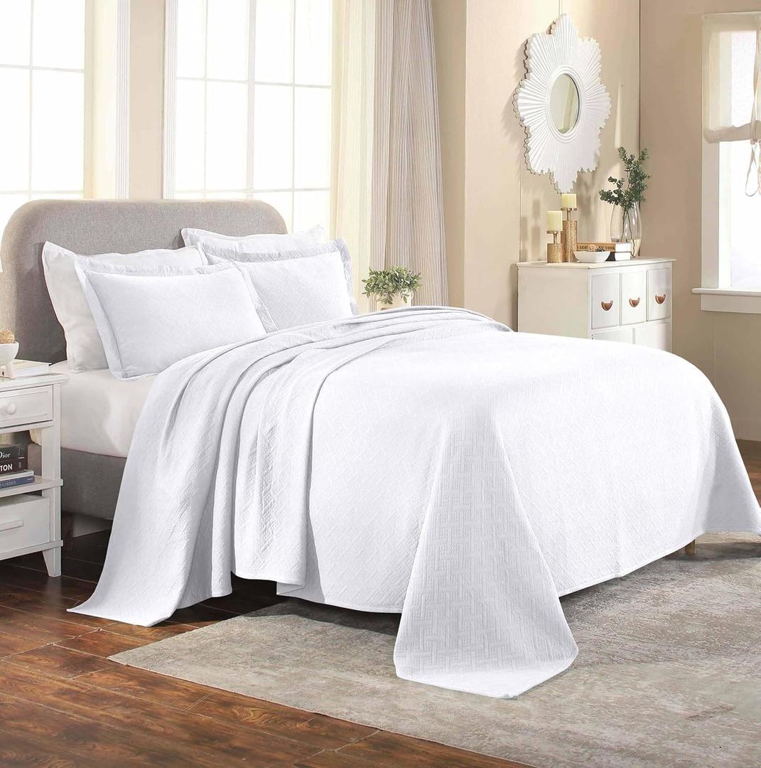 Superior Basketweave Cotton 3 Piece Bedspread Set, Home Bed Decor, Decorative Textured Bed Spread, 2 Pillow Shams, Airy Blanket, Matelasse Coverlet Bedding, Lattice Pattern, King, White