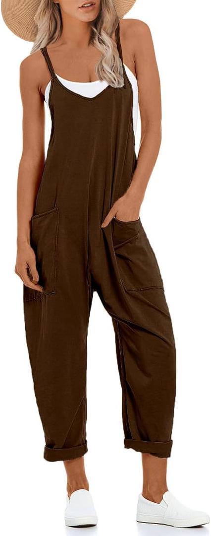 UNIANKIYA One Piece Jumpsuits for Women Casual Overalls Sleeveless Strap Rompers Travel Vacation Outfits Fall Fashion Clothes (X-Large, Brown)