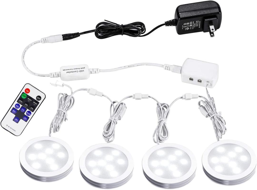 AIBOO Linkable LED Under Cabinet Lights 12V Slim Aluminum Dimmable Puck Lights with RF Remote Control & ETL Listed Power Adapter for Accent Display Lighting (4 Lights,Daylight White)