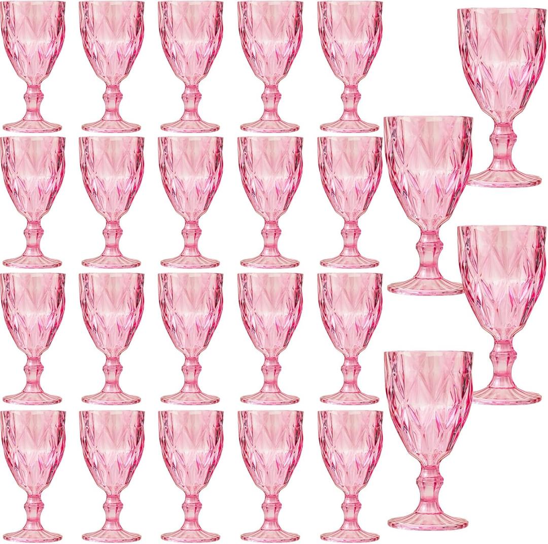24 Pack Vintage Wine Glasses, Plastic Reusable 12 Ounce Colored Water Goblets, Unique Embossed Pattern Unbreakable Stemmed Wine Glasses High Clear Wedding Party Bar Drinking Cups Pink