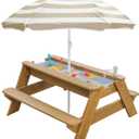 Kids 3-in-1 Sand & Water Table, Wood Outdoor Convertible Picnic Table w/Umbrella, 2 Trays, Removable Top with Faucet, Picnic Table for Outdoor Playset (Natural/Brown)