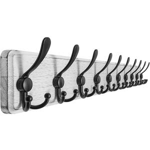 Coat Rack Wall - Heavy-Duty 38-1/4" Long, with Reinforced 10 Custom Tri-Hooks, Solid Wood Wall Hanger for Coats Hat Jackets - Rustic Farmhouse Entryway Hallway Storage, White & Black