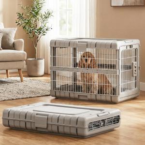 ZOMISIA Collapsible Dog Crate for Dogs - 28" L Heavy Duty Dog Kennel No Tools Required with 4 Sides Steel Foldable Cage for Dogs Indoor Furniture, Portable Carrier with 2 Smooth Wheels, Beige (27.95 x 18.9 x 21.65 in)