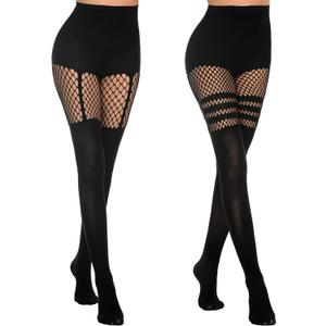 MANZI Womens Faux Thigh High Fishnet Stockings Stitching Opaque Pantyhose Mock Over the Knee Goth Striped Suspender Tights (Black)