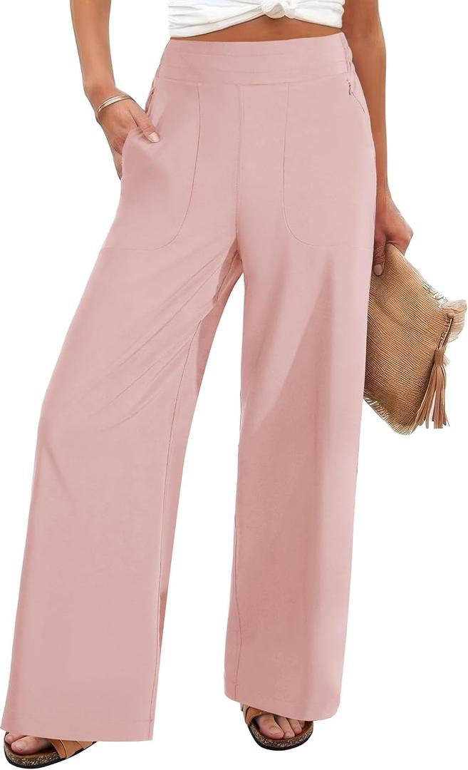 FireSwan Women's Wide Leg Work Pants High Elastic Waist Dress Palazzo Pants Trousers with Zipper Pockets (Pink L) (L)