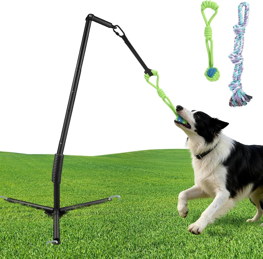 Outdoor Tug of War Dog Toy with Reinforced Tripod Base - Heavy Duty Iron 360 Interactive Tether Tug Toy for Backyard Solo Play - Adjustable Spring Pole Rope System for All Breeds