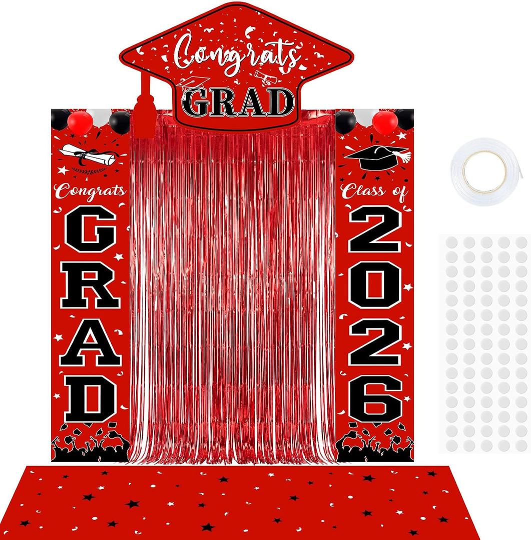 7 Pcs Graduation Party Decorations Class of 2026 Congrats Grad Banner Red Foil Fringe Backdrop Curtains Red Graduation Decorations for High School & College Celebrations Party Supplies