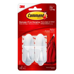 Command Medium Designer Hooks, 2 Hooks and 4 Command Strips, Damage-Free Hanging Wall Hook with Adhesive Strips, No Tools Great for Hanging, Organization and Storage, Holds up to 3 lb (6 Count)