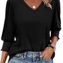 Sampeel Women's 3/4 Length Sleeve V Neck T-Shirt (Medium, black)
