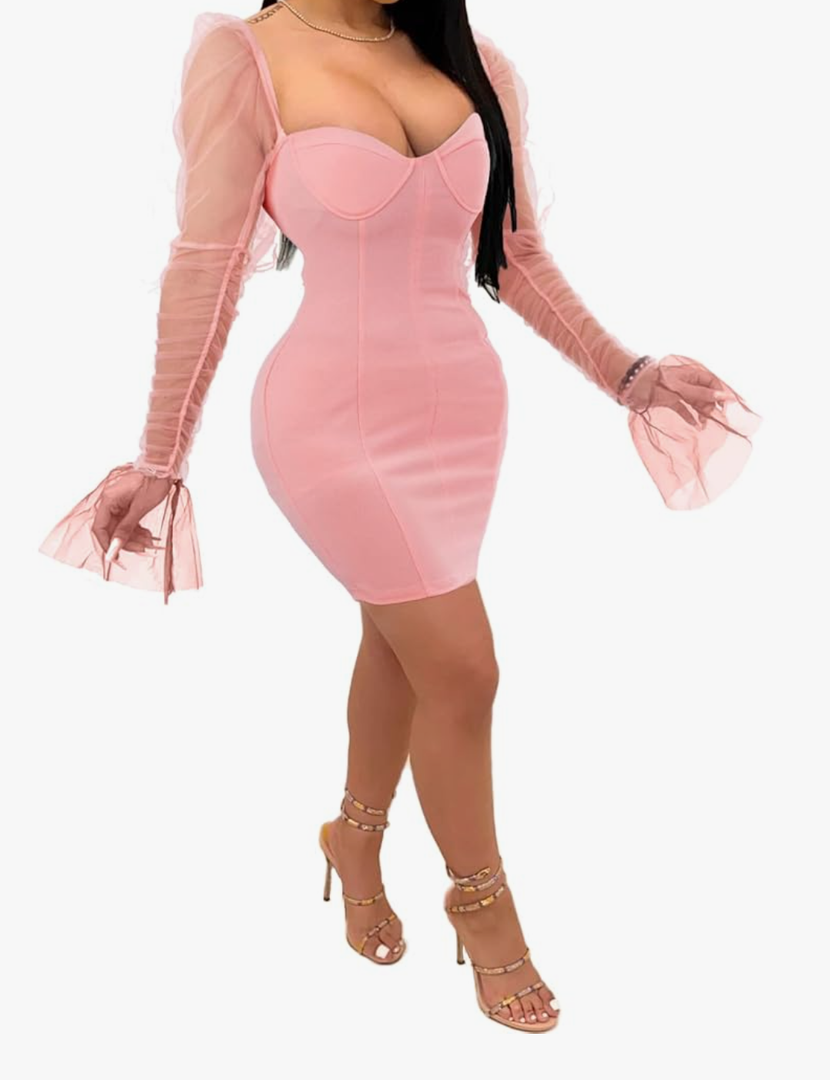 Uni Clau Women Sexy Mesh Sheer Puff Long Sleeve Mini Dress Bodycon Deep V Neck Patchwork Party Clubwear Dress L