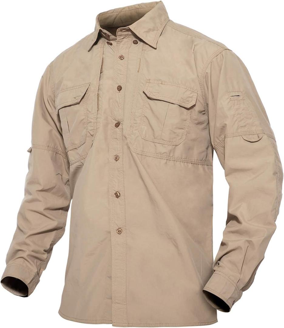 TACVASEN Men's Tactical Shirts Long Sleeve Quick Dry Breathable Button Down Fishing Work Safari Hiking Camping Hunting (Large, Khaki)