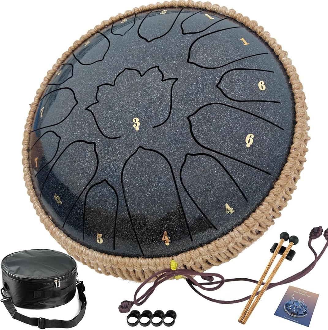 BETESINE 13-Inch 15-Note Steel Tongue Drum in C Major, Beginner-Friendly Meditation Drum with Mallets, Music Book, Finger Picks, Carry Bag & Note Stickers, Starry Black