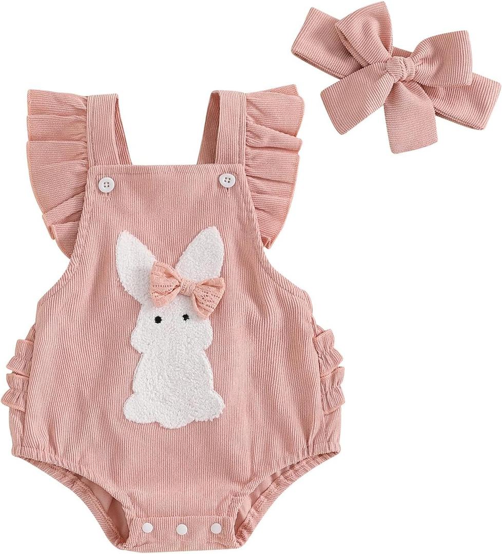 Nicoxijia Newborn Baby Girl Easter Outfit Bunny Carrot Embroidery Ruffle Sleeve Romper Bodysuit Jumpsuit with Headband Outfit (Pink, 0-3 Months)