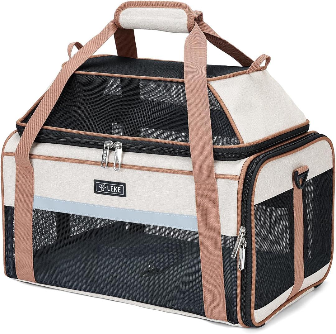 Lekereise Top-Expandable Pet Carrier 17x11x9.5 Inch Alaska Hawaiian Airline Approved Soft Sided Underseat to 12lbs Travel Carriers for Small Cats and Dogs with Locking Safety Zippers Anti-Scratch Mesh (Khaki)