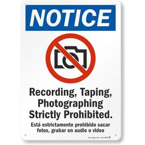 SmartSign - S-7366-AL-14 "Notice - Recording, Taping, Photographing Strictly Prohibited" Bilingual Sign | 10" x 14" Aluminum Black/Blue/Red on White