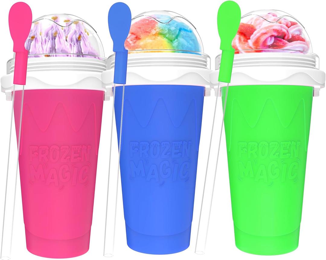 3PCS Slushie Maker Cup,DIY Magic Quick Frozen Smoothies Cups for Homemade Milk Shake Ice Cream Maker, Cooling Cups, Double Layer Squeeze Slushy Maker Cup,Birthday Funny Gifts for Friends &Family (350ML, Bule+Pink+Green)