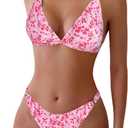 ZAFUL Women's 2 Piece Floral Print Swimsuit Triangle String High Cut Bikini Sets Bathing Suit(1-Pink, Small)