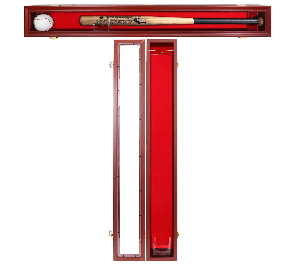 Baseball Bat Case for Display Wall Mounted Vertical(Cherry) | Horizontal Wooden Bat Display Frame w/98% UV Protection, Lockable Door, Single Bat Holder, Cabinet Shadow Box