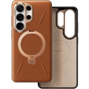 TORRAS Ostand Q3 VegSkin for Samsung Galaxy S26 Ultra Case Leather, 360 Magnetic Stand, Fit for MagSafe, Premium Vegan Leather Case for S26 Ultra Case, Microfiber Lining, Amber Brown