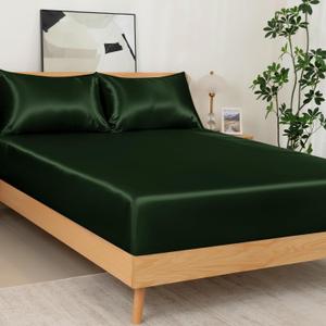 NSGZ 3 Pcs Satin Fitted Sheet and Pillowcase Set, Queen Silky Bottom Bedsheet Fit up to 15 Inch Deep Pocket Mattress, Dark Green Soft Satin Bedding Includes 1 Fitted Sheet and 2 Pillowcases