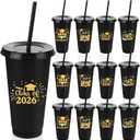 Kochorie 24 Pack 24 OZ Graduation Plastic Cups with Lids and Straws Reusable Party Cups Thick Plastic Congrats Grad Tumbler Bulk for Class of 2026 Graduation Party Supplies, Black and Gold