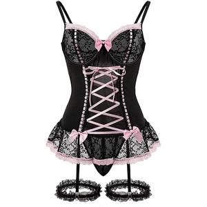 Sexy Mesh Corset Ruffle Lace Up Underwire Sheer Garter Belt Babydoll Lingerie Set With Thong 3 Piece Women Size 3XL
