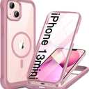 Miracase for iPhone 13 mini Case 5.4",Full-Body Protection,Clear Bumper Case with Built-in 9H Tempered Glass Screen Protector,Military-Grade Drop Protection Outdoor Phone Case for 13 mini,Dark Pink
