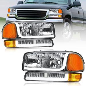 LED DRL Headlights Assembly fit 1999-2007 GMC Sierra/2000-2006 Yukon XL 1500 2500 No Denali Models Chrome Housing Amber Reflector LH RH Replacements