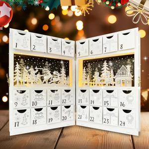 Wooden Christmas Advent Calendar Book with Timer, 6 Hours On and 18 Hours OffChristmas 24 Drawer Countdown with Reindeer Snow Forest Scene, 16.5in 2AAA Battery Powered Functional Gift Storage for Kid