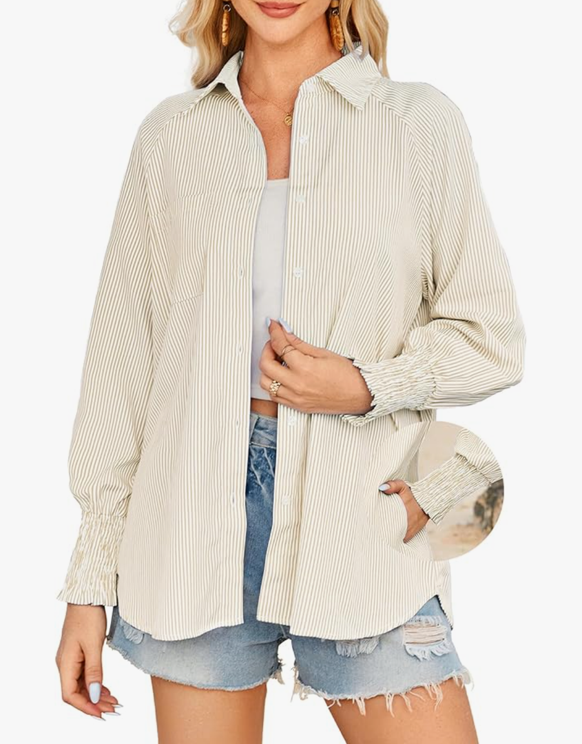 OUGES Women's Cotton Blend Oversized Boyfriend Collar Shirts Smocked Cuffed Striped Button Down Blouse Tops with Pockets Size Small