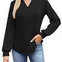 ALFYRCFT Long Sleeve Shirts for Women V Neck Pleated Puff Sleeve Tunic Tops Dressy Business Casual Work Blouses Fall Black 2XL