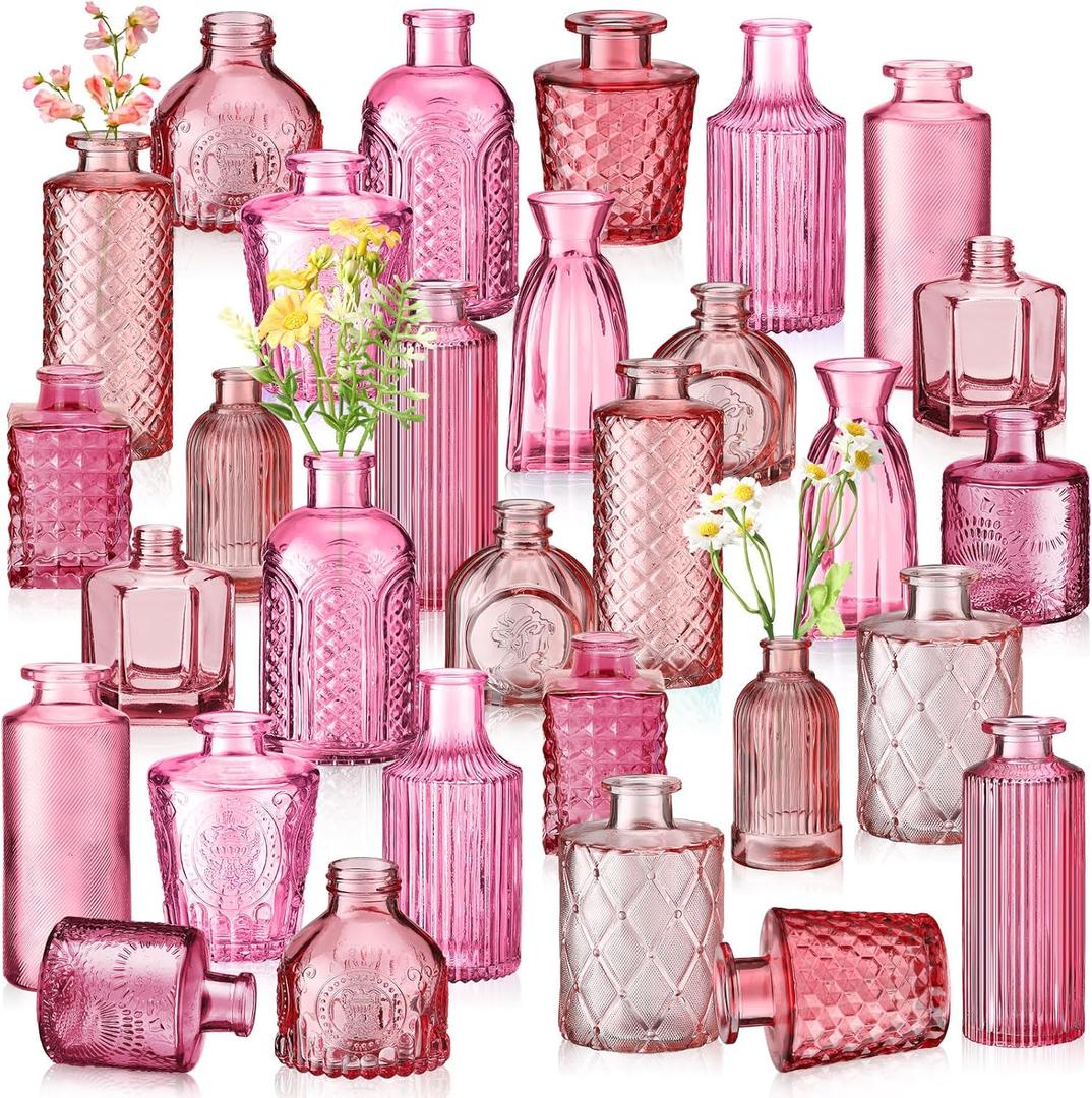 Yaomiao 30 Pcs Vases Bulk Colored Flower Glass Bud Vases Valentine Vintage Colored Glass Bottles Colorful Rustic Embossed for Home Wedding Table Decorations Gifts(Pink Series)