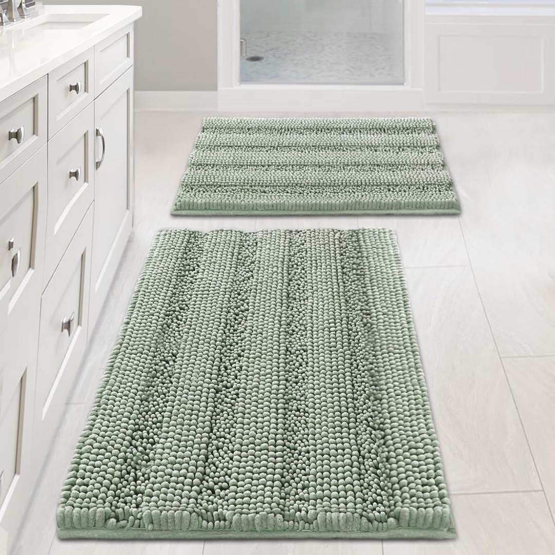 H.VERSAILTEX Sage Bathroom Rugs, Bath Mat Set of 2 Extra Thick Chenille Striped Pattern Shaggy Bath Rugs for Bath Room, Non Skid Bath Mats for Bathroom Floor (32 x 20 Plus 24 x 17 - Inches)