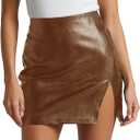 Womens High Waisted Leather Mini Skirts Sexy PU Faux Leather Bodycon Short Skirts with Slit (Brown) M