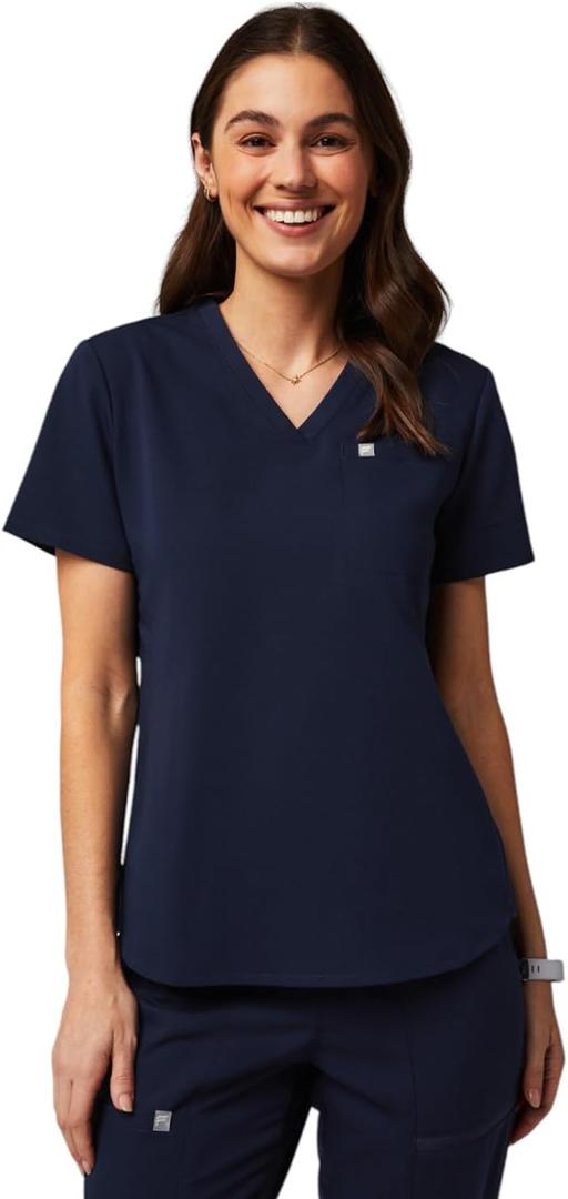 Fabletics Women's Vital 1-Pocket Scrub Top - MotionTech, Wrinkle-Resist, Chest Pocket, Anti-Shrink, Semi-Slim Fit (Medium, Navy)