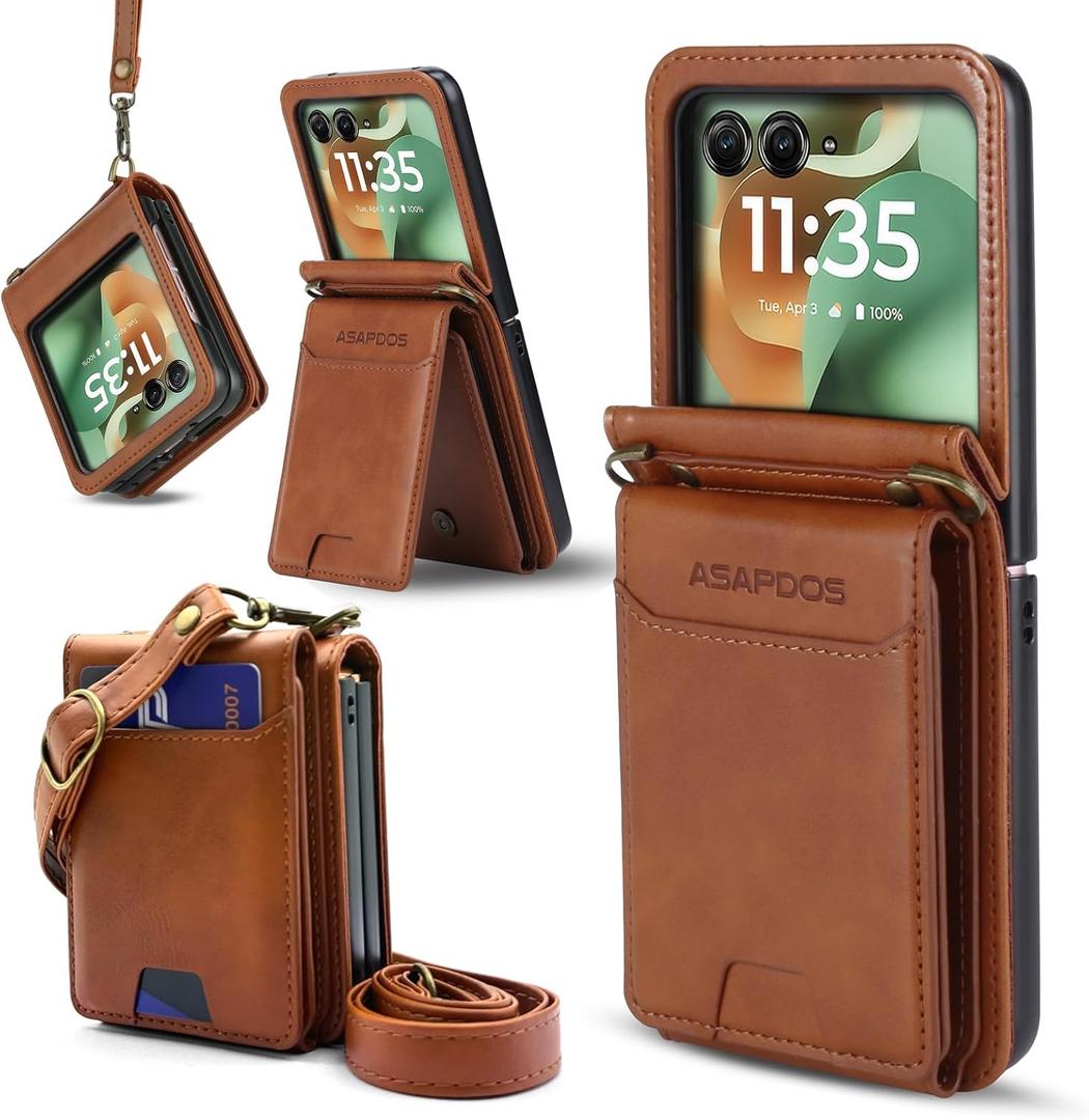 ASAPDOS for Motorola RAZR 2024/2025 PU Leather Wallet Phone Case with Card Slots (Holds 4-5 Cards), Anti-Drop Protection, Wrist & Shoulder Strap Brown