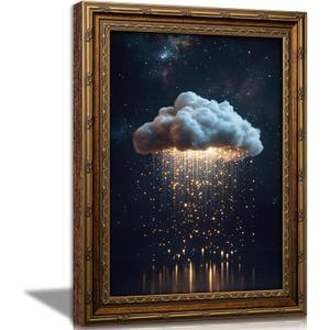 Vintage Gold Framed Moody Cloud Wall Art, Golden Glowing Rain Cloud Painting Canvas Prints, Modern Starry Sky Landscape Picture Wall Decor, Funny Academic Artwork for Living Room Bedroom 11"LX9"W