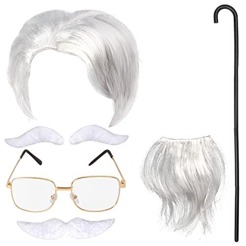 Keymall Old Man Wig And Mustache Set Grandpa Costume Accessories Kit With Grey Wig Fake Beard Eyebrows Cane Glasses for Men Adults teens (Silver wig set)