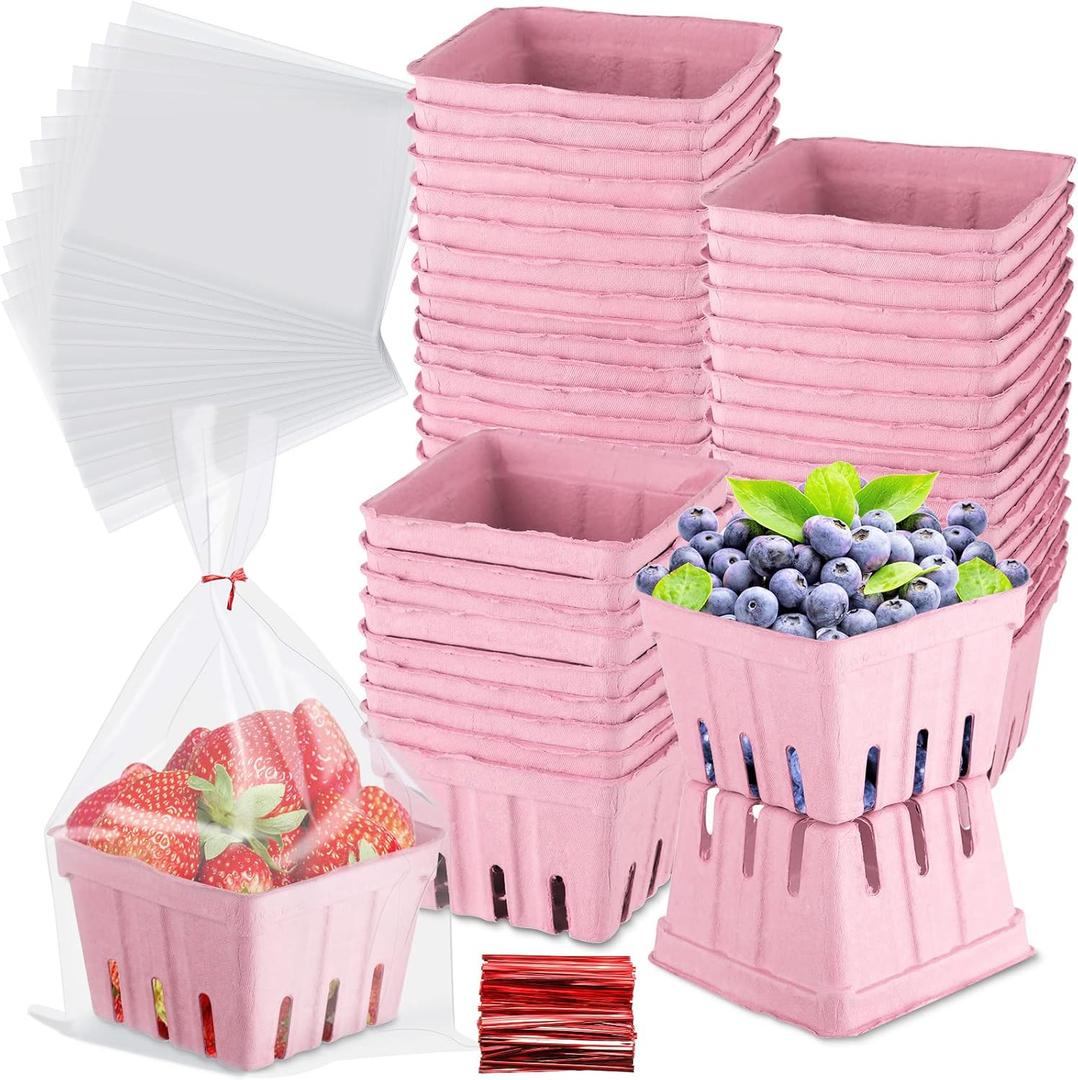 Amyhill 100 Pack Pink Pulp Fiber Berry Basket Set Include 100 Strawberry Fruit Basket and 100 Clear Packaging Bags with 100 Tie Strips Small Berry Container for Farmer Market Produce Storage