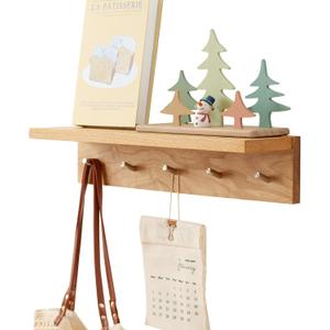 Wall Hooks with Shelf Oak Wood Coat Rack Shelf Wall Mounted, Entryway Shelves with 5 Metal Hangers for Clothes Hats Towel for Bathroom, Bedroom, Living Room (Natural, 20 inches)