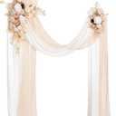 Ling's moment Spring Wedding Arch Flowers Kit Pack of 4, 2pcs Hanging Flower Arrangement 2pcs Chiffon Drapes Ceremony Fake Rose Arbor Backdrop Artificial Floral Outdoor Decorations, White Beige