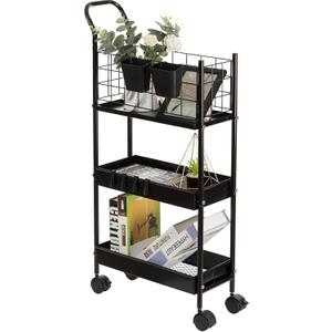 danpinera 3 Tier Rolling Cart, Slim Cart with Wheels for Small Spaces, 7.7 Slim Storage Cart with Extra Hooks and Hanging Cups, Narrow Rolling Storage Rack, Black